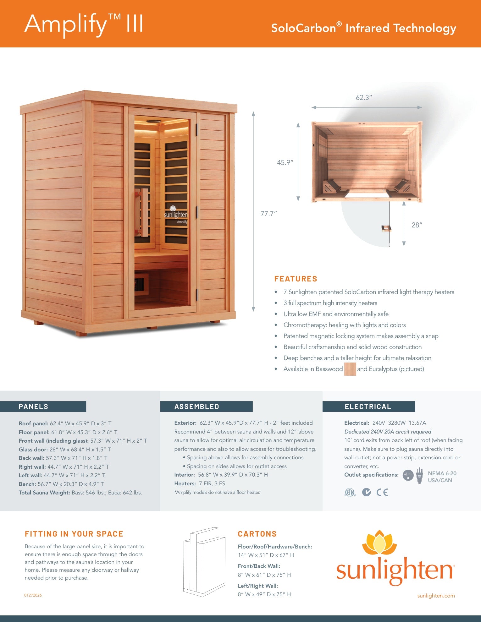 Sunlighten Amplify III 3-Person Full Spectrum Infrared Sauna for Indoor Home Recovery
